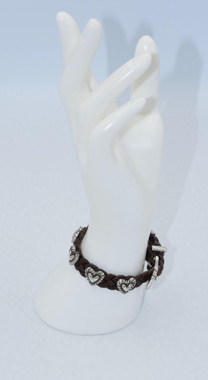 1994 Brighton Silver Brown Leather Roped Heart Braid Bandit Buckle Boho Bracelet